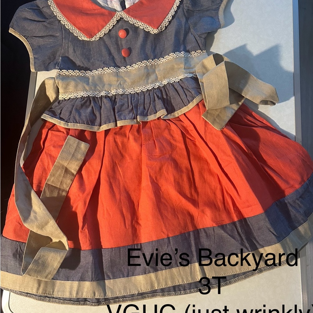 Girls' Red and Blue Cotton Casual Dress - 3T